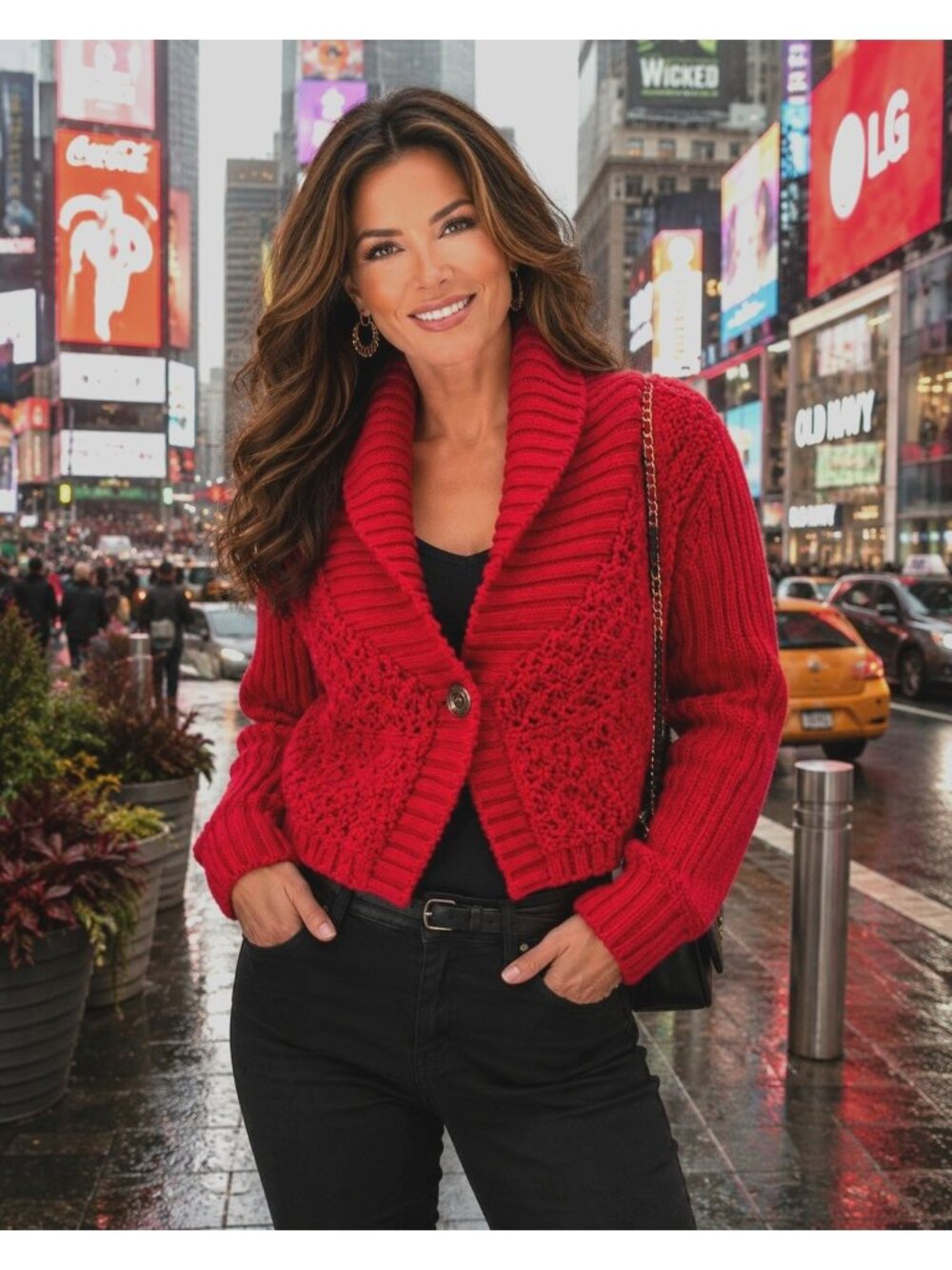 Chicos Size 2 Red Knit Shawl Collar Cropped Cardigan Textured Design